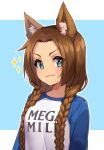  1girl :3 animal_ear_fluff animal_ears blue_eyes braid clothes_writing commentary eyes_visible_through_hair gift_art hair_over_shoulder iwbitu-sa long_hair looking_at_viewer mega_milk meme_attire original outline raglan_sleeves russian_commentary second-party_source simple_background smile solo sparkle sparkling_eyes twin_braids upper_body v-shaped_eyebrows white_outline 
