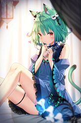  1girl animal_ears animal_print bare_shoulders blue_dress butterfly_print cat_ears cat_girl cat_tail dress green_hair hair_ornament hololive kemonomimi_mode looking_at_viewer red_eyes short_hair sitting skull_hair_ornament solo tail thighs uruha_rushia virtual_youtuber yasuyuki 