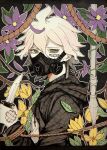  1boy bandaid bandaid_on_face bandaid_on_hand bangs brown_jacket commentary_request dangan_ronpa_(series) dangan_ronpa_2:_goodbye_despair flower flower_request from_side gas_mask green_eyes grey_shirt hair_between_eyes highres holding holding_knife holding_weapon hood hood_down jacket knife komaeda_nagito kuma_no_(y6lnv) letterboxed looking_at_viewer male_focus mask open_clothes open_jacket polearm rope shirt short_hair solo spear upper_body weapon 