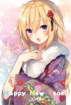  1girl 2018 black_ribbon blonde_hair braid fate/apocrypha fate_(series) fingernails flower fur-trimmed_kimono fur_collar fur_trim hair_flower hair_ornament hair_ribbon hand_up happy_new_year highres japanese_clothes jeanne_d&#039;arc_(fate) jeanne_d&#039;arc_(fate)_(all) kimono long_hair long_sleeves looking_at_viewer new_year open_mouth purple_kimono ribbon signature single_braid sleeves_past_wrists solo toosaka_asagi upper_body violet_eyes wide_sleeves 