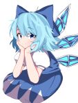  1girl absurdres bangs blue_bow blue_dress blue_eyes blue_hair bow cirno closed_mouth commentary dress eyebrows_visible_through_hair hair_bow highres ice ice_wings looking_at_viewer medium_hair puffy_short_sleeves puffy_sleeves short_sleeves simple_background smile solo standing touhou usuyaki white_background wings 