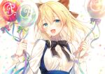  1girl :d balloon black_bow black_neckwear blonde_hair blue_eyes blue_skirt bow bowtie character_request collared_shirt fate/grand_order fate_(series) fingernails floating_hair hair_bow hands_up holding holding_balloon long_sleeves looking_at_viewer medium_hair open_mouth shirt skirt smile solo suspender_skirt suspenders toosaka_asagi white_shirt wing_collar 