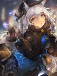  1girl :o absurdres animal_ear_fluff animal_ears arknights bag bangs black_capelet black_gloves black_headwear black_skirt blue_dress blurry blurry_background breasts capelet depth_of_field dress eyebrows_visible_through_hair fur-trimmed_capelet fur_trim gloves grey_eyes grey_hair hair_between_eyes hat highres long_hair long_sleeves looking_at_viewer parted_lips pramanix_(arknights) skirt small_breasts solo tiger_ears trrcmb very_long_hair 