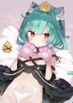  1girl absurdres animal_ears blush cat_ears cat_paws garter_straps green_hair hair_ornament highres hololive hololive_fantasy looking_at_viewer panties paws red_eyes sinnop10 skull_collar skull_hair_ornament solo thigh-highs underwear uruha_rushia virtual_youtuber 