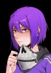  1girl absurdres bandana black_background bob_cut closed_mouth hair_between_eyes hand_up highres jacket looking_at_viewer medium_hair original purple_hair purple_jacket simple_background solo sparrowl violet_eyes 