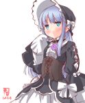  1girl alternate_costume artist_logo black_dress blue_eyes blue_hair collared_dress cowboy_shot dated dress embarrassed eyebrows_visible_through_hair flower frilled_dress frilled_sleeves frills gothic_lolita hairband hatsukaze_(kantai_collection) headdress highres hime_cut kanon_(kurogane_knights) kantai_collection lolita_fashion lolita_hairband long_hair long_sleeves looking_at_viewer purple_flower purple_rose ribbon rose signature simple_background skirt sleeves_past_wrists solo white_background white_ribbon white_skirt 