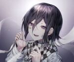  1boy :d bandages bandaid bandaid_on_face bangs black_hair checkered checkered_scarf commentary_request dangan_ronpa_(series) dangan_ronpa_v3:_killing_harmony goto_(sep) gradient gradient_background grey_background grey_jacket hair_between_eyes hands_up highres holding holding_bandages jacket light_particles long_sleeves looking_at_viewer male_focus open_mouth ouma_kokichi pale_skin purple_hair sad_smile scarf shiny shiny_hair short_hair smile solo teeth upper_body upper_teeth violet_eyes white_jacket 