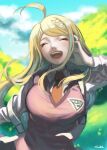  1girl :d ahoge akamatsu_kaede backpack bag bangs blonde_hair breasts closed_eyes collared_shirt commentary_request dangan_ronpa_(series) dangan_ronpa_v3:_killing_harmony day facing_viewer hair_ornament hand_in_hair happy highres large_breasts long_hair long_sleeves musical_note_hair_ornament necktie nyuukazai open_mouth orange_neckwear outdoors pink_vest shirt smile solo teeth tree upper_body vest 