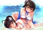  2girls absurdres ahoge akagi_(blue_oath) ass bangs bare_shoulders bent_over bikini bikini_skirt black_hair blue_neckwear blue_oath blue_sky blunt_bangs breast_press breast_rest breasts choker closed_mouth collarbone day detached_collar eyebrows_visible_through_hair feet_out_of_frame green_eyes hair_ornament hair_ribbon high_ponytail highres kaga_(blue_oath) large_breasts long_hair long_sleeves looking_at_viewer lying multiple_girls neck_ribbon ocean on_side open_mouth outdoors parted_lips ribbon sg_(esujii) sidelocks sky smile sparkle swimsuit swimwear very_long_hair wading water white_bikini white_choker white_ribbon yellow_eyes yuri 