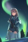  1girl aurora bangs blue_eyes girls_frontline gun highres hinami047 light_brown_hair long_hair sidelocks snow solo submachine_gun suomi_kp/-31 suomi_kp31_(girls_frontline) thigh-highs weapon winter zettai_ryouiki 