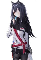  0_(znanimo) 1girl absurdres animal_ear_fluff animal_ears arknights arm_behind_back bag bangs black_hair brown_eyes food highres holding holding_bag in_mouth jacket leggings long_hair looking_at_viewer one_eye_closed popsicle solo texas_(arknights) thigh_strap white_background 