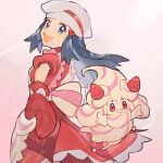  1girl :d alcremie alcremie_(strawberry_sweet) blush commentary_request hikari_(pokemon) dress eyelashes floating_hair gen_8_pokemon grey_eyes grey_hair grey_headwear hat long_hair looking_at_viewer looking_back mittens open_mouth pokemon pokemon_(creature) pokemon_(game) pokemon_masters_ex rata_(m40929) red_dress red_mittens smile teeth tongue 