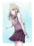  1girl ahoge akamatsu_kaede backpack bag bangs beamed_eighth_notes blonde_hair blue_background border breasts closed_mouth collared_shirt commentary_request cowboy_shot dangan_ronpa_(series) dangan_ronpa_v3:_killing_harmony eighth_note from_side goto_(sep) hair_ornament highres large_breasts long_hair long_sleeves looking_at_viewer looking_to_the_side miniskirt musical_note musical_note_hair_ornament necktie pink_sweater pleated_skirt print_skirt purple_skirt randoseru shirt skirt smile solo standing sweater sweater_vest violet_eyes white_background white_border white_shirt 