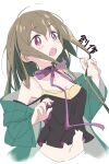  1girl black_choker brown_hair choker commentary_request copyright_request eyebrows_visible_through_hair ixy long_hair looking_up midriff navel open_mouth purple_neckwear purple_ribbon red_eyes ribbon simple_background solo teeth white_background 