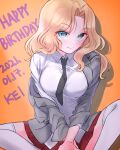  100zi 1girl black_neckwear blazer blonde_hair blouse blue_eyes butterfly_sitting character_name closed_mouth collared_blouse dated dress_shirt english_text eyebrows_visible_through_hair girls_und_panzer grey_jacket hair_intakes happy_birthday highres jacket kay_(girls_und_panzer) long_hair long_sleeves looking_at_viewer miniskirt necktie off_shoulder open_clothes open_jacket orange_background pleated_skirt red_skirt saunders_school_uniform school_uniform shadow shirt sitting skirt sleeves_rolled_up smile solo thigh-highs white_blouse white_legwear white_shirt wing_collar 