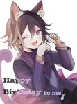  1boy :d alternate_costume animal_ears bangs bow cat_boy cat_ears cat_tail commentary_request cowboy_shot dangan_ronpa_(series) dangan_ronpa_v3:_killing_harmony ebi_(raruharura10) hair_between_eyes hands_up happy_birthday highres jacket large_bow long_sleeves looking_at_viewer male_focus one_eye_closed open_mouth ouma_kokichi pink_bow purple_jacket shirt simple_background smile solo tail upper_teeth violet_eyes white_background 