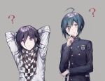  2boys ? ahoge arms_behind_head bangs black_jacket blue_hair checkered checkered_neckwear checkered_scarf closed_mouth commentary_request dangan_ronpa_(series) dangan_ronpa_v3:_killing_harmony eyebrows_visible_through_hair eyes_visible_through_hair gakuran goto_(sep) grey_background hair_over_one_eye hand_on_own_chin jacket long_sleeves looking_at_viewer male_focus messy_hair multiple_boys ouma_kokichi pale_skin saihara_shuuichi scarf school_uniform simple_background spoken_question_mark straitjacket upper_body vertical-striped_jacket violet_eyes white_jacket 