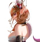  1girl absurdres ahoge braid braided_ponytail breasts commentary_request detached_sleeves eyebrows_visible_through_hair hair_ornament hairband highres hololive horns kiryuu_coco large_breasts looking_at_viewer looking_back pointy_ears sarashi tail virtual_youtuber wanne white_background 