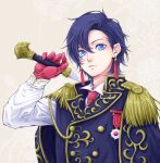  1boy blue_eyes blue_hair earrings expressionless gloves hair_between_eyes hand_up highres holding holding_sword holding_weapon jewelry kae610_oekaki long_sleeves looking_at_viewer male_focus military military_uniform necktie original red_gloves red_neckwear shirt short_hair solo sword uniform upper_body weapon white_shirt 