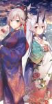  2girls blue_kimono blush closed_mouth clouds cloudy_sky collaboration commentary_request day eyebrows_visible_through_hair eyes_visible_through_hair fate/grand_order fate_(series) floral_print hair_between_eyes hand_on_own_chest highres holding horns japanese_clothes kimono komeshiro_kasu long_hair long_sleeves looking_at_viewer miyamoto_musashi_(fate/grand_order) multiple_girls obi oni_horns outdoors red_eyes sash silver_hair sky smile standing tied_hair tomoe_gozen_(fate/grand_order) toosaka_asagi very_long_hair wide_sleeves 