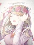  1girl :d ahoge akamatsu_kaede backpack bag bangs blonde_hair breasts closed_eyes collared_shirt commentary_request dangan_ronpa_(series) dangan_ronpa_v3:_killing_harmony dated eyebrows_visible_through_hair flower flower_wreath goto_(sep) hair_flower hair_ornament hands_up happy_birthday head_wreath large_breasts long_hair long_sleeves musical_note_hair_ornament neckwear open_mouth orange_neckwear pink_flower pink_rose pink_vest randoseru red_flower red_rose rose shirt smile solo sweater upper_body vest 