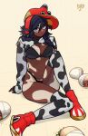  1girl akabeko animal_print bikini bikini_under_clothes black_bikini black_hair blue_eyes braid colored_skin cow_print crop_top dark_skin dark-skinned_female food hamburger hat heterochromia highres knee_up long_hair long_sleeves looking_at_viewer milkytiddyboy multicolored multicolored_skin original print_legwear red_footwear red_headwear shoes signature sitting sleeves_past_wrists socks solo swimsuit thigh-highs twin_braids white_eyes 