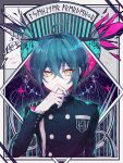  1boy ahoge bangs black_jacket commentary_request crossed_bangs dangan_ronpa_(series) dangan_ronpa_v3:_killing_harmony double-breasted eyebrows_visible_through_hair goto_(sep) green_hair hair_between_eyes hand_up highres jacket long_sleeves looking_at_viewer male_focus multicolored multicolored_background pale_skin saihara_shuuichi shiny shiny_hair solo striped_jacket translation_request upper_body vertical-striped_jacket yellow_eyes 