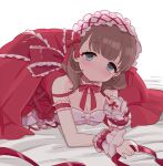  1girl :o arm_cuffs backlighting bed_sheet blush bow breasts brown_hair collar commentary cross cross_earrings dot_mouth dot_nose dress earrings eyelashes frilled_bow frilled_collar frilled_cuffs frills green_eyes hairband highres idolmaster idolmaster_cinderella_girls jewelry lolita_hairband looking_at_viewer lying medium_breasts necktie off_shoulder on_stomach red_bow red_dress red_neckwear red_ribbon ribbon saito_katuo sakuma_mayu simple_background sleeveless sleeveless_dress white_background 