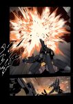  1girl bird/binary ciel_(bird/binary) explosion from_behind gun gunwing hand_on_ground highres holding holding_gun holding_weapon las91214 looking_down looking_up mecha power_armor science_fiction thighs weapon 