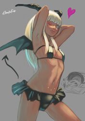  1girl armpits arms_behind_head arms_up bangs bikini bikini_skirt black_bikini blunt_bangs breasts commentary_request cowboy_shot dangan_ronpa_(series) dangan_ronpa_v3:_killing_harmony dark_skin dark-skinned_female demon_girl demon_horns demon_tail demon_wings grey_background hands_in_hair heart horns legs_apart long_hair looking_at_viewer navel nyuukazai one_eye_closed shiny shiny_clothes signature sketch small_breasts smile solo stomach swimsuit tail wings yonaga_angie 