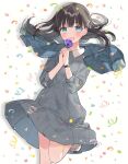  1girl :d anemone_project bangs blue_eyes blunt_bangs brown_hair collared_dress commentary_request confetti dress eyebrows_visible_through_hair flower grey_dress hair_ornament hairclip hands_together hands_up highres holding holding_flower jacket jacket_on_shoulders leg_up long_hair looking_at_viewer manio moroboshi_tsukina open_mouth pocket purple_flower smile solo unmoving_pattern upper_teeth virtual_youtuber watch watch white_footwear x_hair_ornament 