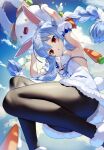  1girl :o absurdres animal_ear_fluff animal_ears armpits arms_up ass bangs bare_shoulders black_gloves black_legwear blue_hair blue_sky bow braid breasts carrot_hair_ornament clouds cloudy_sky commentary day detached_sleeves don-chan_(usada_pekora) dress eyebrows_visible_through_hair feet_out_of_frame food_themed_hair_ornament from_below fur-trimmed_dress fur-trimmed_gloves fur_trim gloves hair_between_eyes hair_bow hair_ornament highres holding hololive long_hair looking_at_viewer looking_down medium_breasts multicolored_hair nousagi_(usada_pekora) outdoors pantyhose parted_lips puffy_short_sleeves puffy_sleeves rabbit_ears red_eyes short_eyebrows short_sleeves sky strapless strapless_dress sukocchi thick_eyebrows twin_braids twintails two-tone_hair usada_pekora very_long_hair virtual_youtuber white_bow white_dress white_hair white_sleeves 