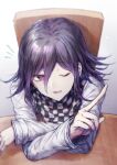  1boy arm_rest bangs black_hair chair checkered checkered_neckwear checkered_scarf commentary_request dangan_ronpa_(series) dangan_ronpa_v3:_killing_harmony eyebrows_visible_through_hair from_above goto_(sep) gradient gradient_background gradient_hair grey_background hair_between_eyes highres index_finger_raised jacket long_sleeves looking_at_viewer male_focus multicolored_hair notice_lines one_eye_closed open_mouth ouma_kokichi purple_hair scarf shiny shiny_hair sitting smile solo table two-tone_hair upper_body violet_eyes white_jacket wooden_chair wooden_table 