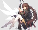  1girl ahoge antenna_hair bangs battle_rifle black_ribbon black_skirt blush brown_hair commentary_request dated eyebrows_visible_through_hair full_body girls_frontline gun hair_between_eyes hair_ribbon holding holding_gun holding_weapon long_hair looking_at_viewer m14 m14_(girls_frontline) mod3_(girls_frontline) no_shoes over-kneehighs pleated_skirt ribbon rifle sarasa_(kanbi) sidelocks skirt smile solo thigh-highs twintails twitter_username weapon white_legwear yellow_eyes 