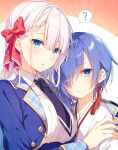  2girls ? blue_eyes blue_hair blue_jacket bow breasts closed_mouth collared_shirt earrings fingernails grey_hair hair_between_eyes hair_bow hand_up highres hug jacket japanese_clothes jewelry kimono large_breasts long_hair long_sleeves looking_at_viewer medium_hair multiple_girls necktie parted_lips purple_neckwear red_bow sakuya_(seiken_gakuin_no_maken_tsukai) seiken_gakuin_no_maken_tsukai shirt spoken_question_mark stud_earrings tassel tassel_earrings toosaka_asagi white_shirt wing_collar 