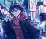  1boy :3 alternate_costume bangs black_hair black_jacket closed_mouth commentary_request dangan_ronpa_(series) dangan_ronpa_v3:_killing_harmony earphones earrings goto_(sep) hair_between_eyes hand_up highres holding holding_earphones hood hood_down hoodie jacket jewelry long_sleeves looking_at_viewer male_focus open_clothes open_jacket ouma_kokichi outdoors pink_hoodie short_hair solo translation_request upper_body violet_eyes 