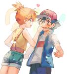  1boy 1girl ash_ketchum bangs baseball_cap black_hair blue_jacket blush clenched_hand commentary eye_contact eyebrows_visible_through_hair eyelashes green_eyes green_shorts grey_shirt hat heart highres jacket kash-phia looking_at_another misty_(pokemon) open_mouth orange_hair pokemon pokemon_(anime) pokemon_(classic_anime) pokemon_swsh_(anime) red_headwear shirt short_hair short_shorts short_sleeves shorts sketch sleeveless sleeveless_jacket smile suspenders sweatdrop t-shirt tongue yellow_shirt 