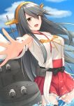  1girl :d akahi242 bare_shoulders black_hair brown_eyes cannon detached_sleeves hair_ornament hairclip haruna_(kantai_collection) headgear highres kantai_collection long_hair machinery nontraditional_miko open_mouth outstretched_arms partially_submerged red_skirt remodel_(kantai_collection) sarashi skirt smile solo turret 