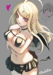  1girl ahoge akamatsu_kaede arm_under_breasts black_bra black_choker black_nails black_skirt blonde_hair blood bra breasts choker collarbone commentary_request cowboy_shot dangan_ronpa_(series) dangan_ronpa_v3:_killing_harmony demon_girl demon_tail demon_wings detached_tail earrings fang hair_ornament hairclip hand_on_own_chin hands_up heart jewelry large_breasts long_hair looking_at_viewer musical_note_hair_ornament navel nosebleed nyuukazai open_mouth pink_blood pink_eyes pointy_ears saihara_shuuichi simple_background skirt solo_focus swimsuit tail underwear wings 