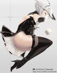  1girl alternate_costume ass bamuth bangs black_dress black_gloves blindfold boots character_name closed_eyes dress duplicate eyelashes gloves high_heel_boots high_heels highres lying mole mole_under_mouth nier_(series) nier_automata on_side patreon_username short_hair sleeping sleeveless sleeveless_dress solo thigh-highs thigh_boots watermark white_hair yorha_no._2_type_b 