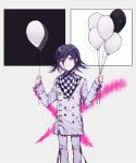  1boy balloon bangs black_background black_hair checkered checkered_neckwear checkered_scarf closed_mouth commentary_request cross dangan_ronpa_(series) dangan_ronpa_v3:_killing_harmony double-breasted feet_out_of_frame flipped_hair goto_(sep) grey_background hair_between_eyes hands_up highres holding jacket long_sleeves looking_at_viewer male_focus ouma_kokichi pants pink_blood purple_hair scarf short_hair smile solo standing straitjacket violet_eyes white_background white_jacket white_pants 