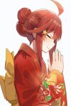  1girl ahoge back_bow bangs blue_nails bow closed_eyes closed_mouth eyebrows_visible_through_hair go-toubun_no_hanayome hair_between_eyes hair_bun hair_ornament highres japanese_clothes kimono kurokuro_illust long_hair looking_at_viewer nail_polish nakano_itsuki profile red_kimono redhead shiny shiny_hair sidelocks simple_background smile standing star_(symbol) star_hair_ornament upper_body white_background yellow_bow 