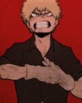  1boy bakugou_katsuki black_shirt blonde_hair boku_no_hero_academia brown_eyes bruise bruise_on_face clenched_teeth commission fist_in_hand highres injury looking_at_viewer male_focus red_background sanpaku shirt short_sleeves solo sparrowl teeth upper_body wing_collar 