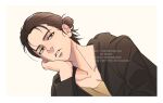  1boy brown_hair coat eren_yeager green_eyes hair_bun hair_pulled_back hair_slicked_back hand_on_own_cheek hand_on_own_face head_rest highres hood hooded_coat hooded_jacket jacket long_hair looking_at_viewer male_focus medium_hair parted_lips shingeki_no_kyojin simbbaba simple_background solo tied_hair 