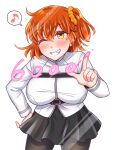  1girl ahoge black_legwear black_skirt chaldea_uniform cowboy_shot fate/grand_order fate_(series) fujimaru_ritsuka_(female) hair_ornament hair_scrunchie highres musical_note one_eye_closed one_side_up orange_eyes orange_hair orange_scrunchie pantyhose scrunchie side_ponytail skirt smile solo spoken_musical_note yakisobapan_tarou_&amp;_negitoro-ko 