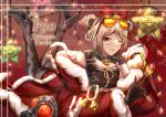  absurdres boots choker christmas double_bun gas_mask girls_frontline high_heel_boots high_heels highres lying official_alternate_costume on_stomach one_eye_closed p90_(girls_frontline) red_eyes short_hair sister_is_mine9 smile tongue tongue_out 