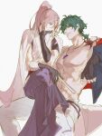  2boys black_gloves cherry_blossom_(sk8) crossed_legs elbow_gloves eye_contact fan fingerless_gloves folding_fan gloves green_hair highres jewelry joe_(sk8) long_hair looking_at_another messy_hair multiple_boys navel necklace pink_hair shirtless short_hair shoulder_tattoo simple_background sitting sk8_the_infinity sketch skirt tattoo white_legwear yinzinmiemie 