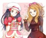  2girls belt black_hair bow brown_dress buttons clenched_hands commentary_request hikari_(pokemon) dress eyelashes grey_eyes hair_bow hair_ornament hairclip hand_up hands_up hat light_brown_hair long_hair looking_at_viewer mittens multiple_girls open_mouth pink_bow pink_dress pink_mittens pokemon pokemon_(game) pokemon_masters_ex serena_(pokemon) short_sleeves smile tongue white_headwear yomogi_(black-elf) 