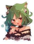  1girl animal_ear_fluff animal_ears bangs blush cat_ears dress earrings extra_ears eyebrows_visible_through_hair fang green_hair hair_ornament hololive jewelry open_mouth red_eyes rimukoro short_hair simple_background skin_fang skull_hair_ornament solo upper_body uruha_rushia virtual_youtuber white_background 