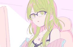  1girl :o bangs bare_shoulders bespectacled black-framed_eyewear camisole chair collarbone eyebrows_visible_through_hair glasses green_camisole green_eyes green_hair indoors jacket long_hair looking_at_viewer meito_(maze) monitor morinaka_kazaki multicolored_hair nijisanji off_shoulder office_chair on_chair over-rim_eyewear parted_lips pink_hair pink_jacket polka_dot polka_dot_camisole semi-rimless_eyewear sitting solo streaked_hair swept_bangs upper_body virtual_youtuber 